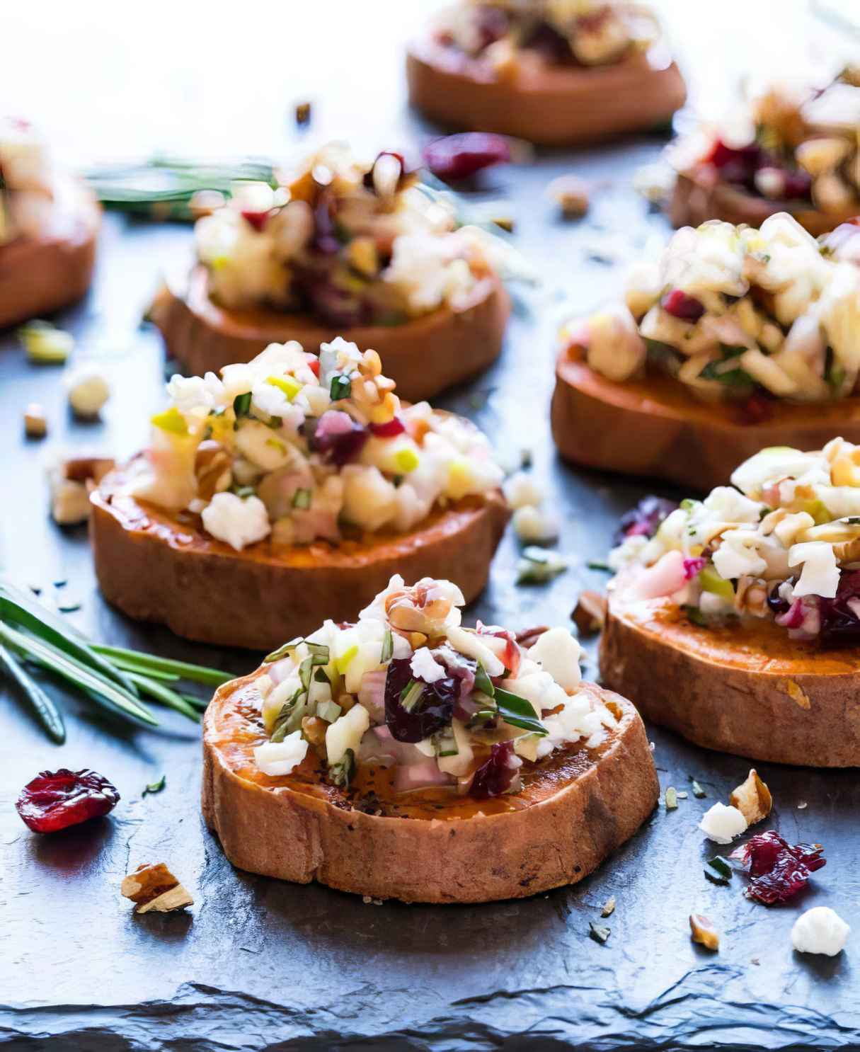 Sweet Potato Rounds with Goat Cheese Cranberry and Pecans