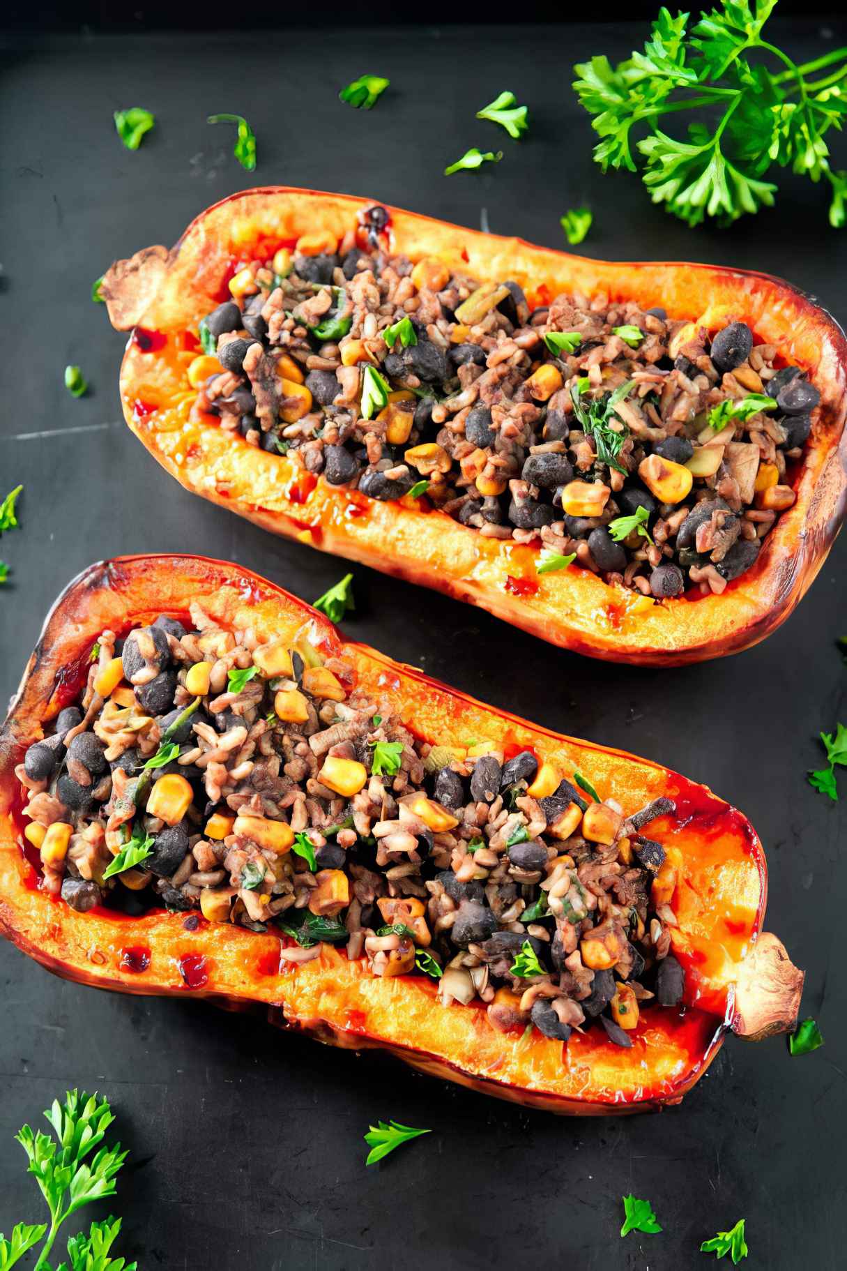 Vegan Stuffed Butternut Squash with Crispy Fried Faro for Stuffing