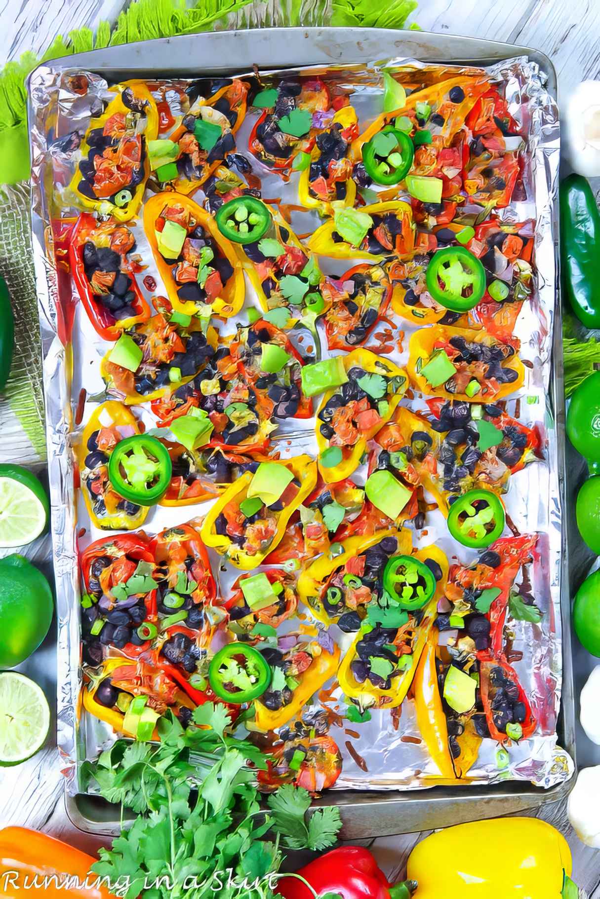Vegetarian Mini Bell Pepper Nachos with Black Beans, Pico de Gallo, Mexican Cheese, and Jalapenos