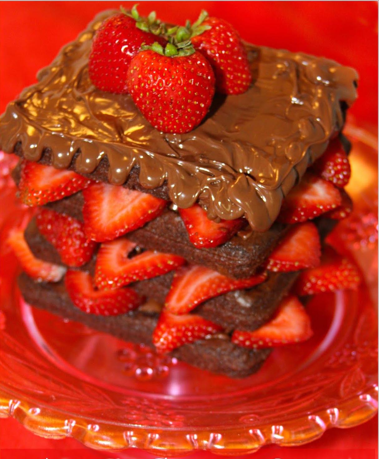 Nutella Brownie Waffle Cake with Strawberries