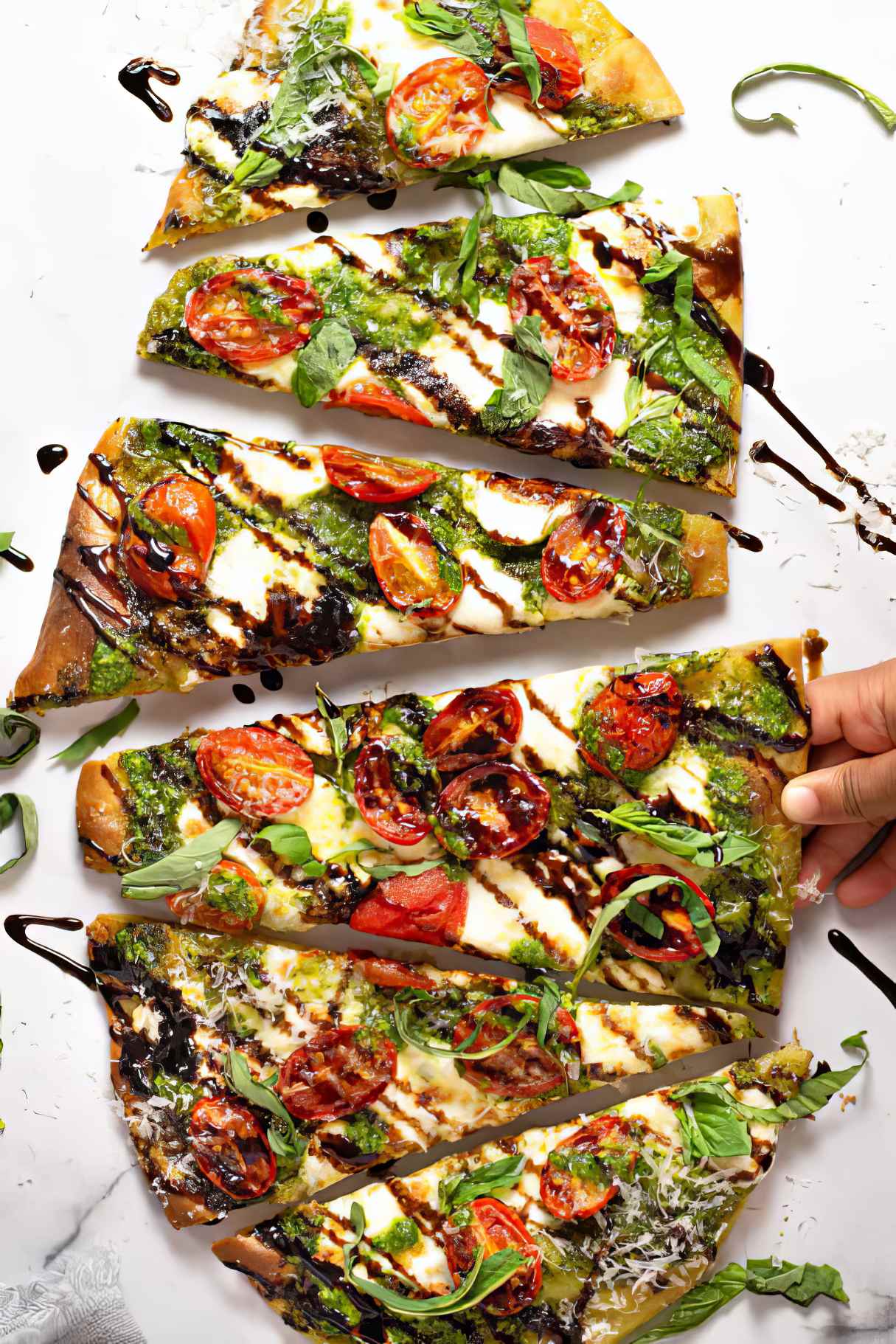 Caprese Flatbread with Basil, Pesto, Tomatoes, and Mozzarella