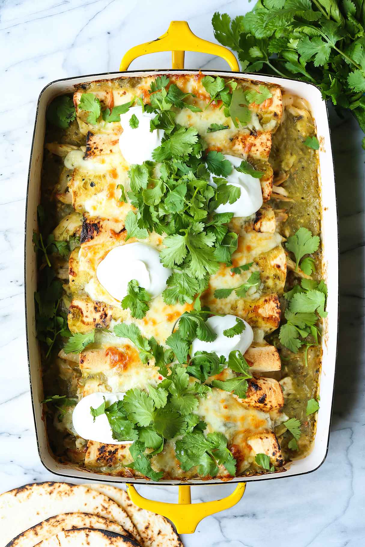 Leftover Rotisserie Chicken Enchiladas with Salsa Verde and Green Chiles