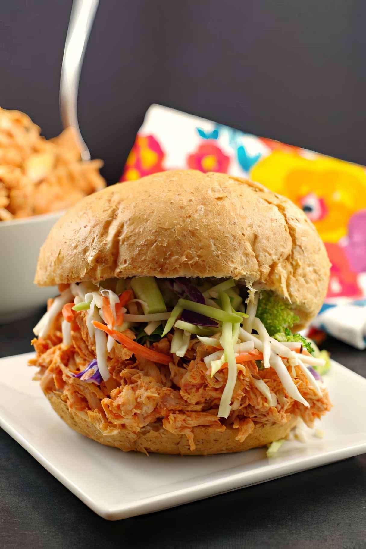 No Cook Buffalo Pulled Chicken Sandwich (with rotisserie chicken)