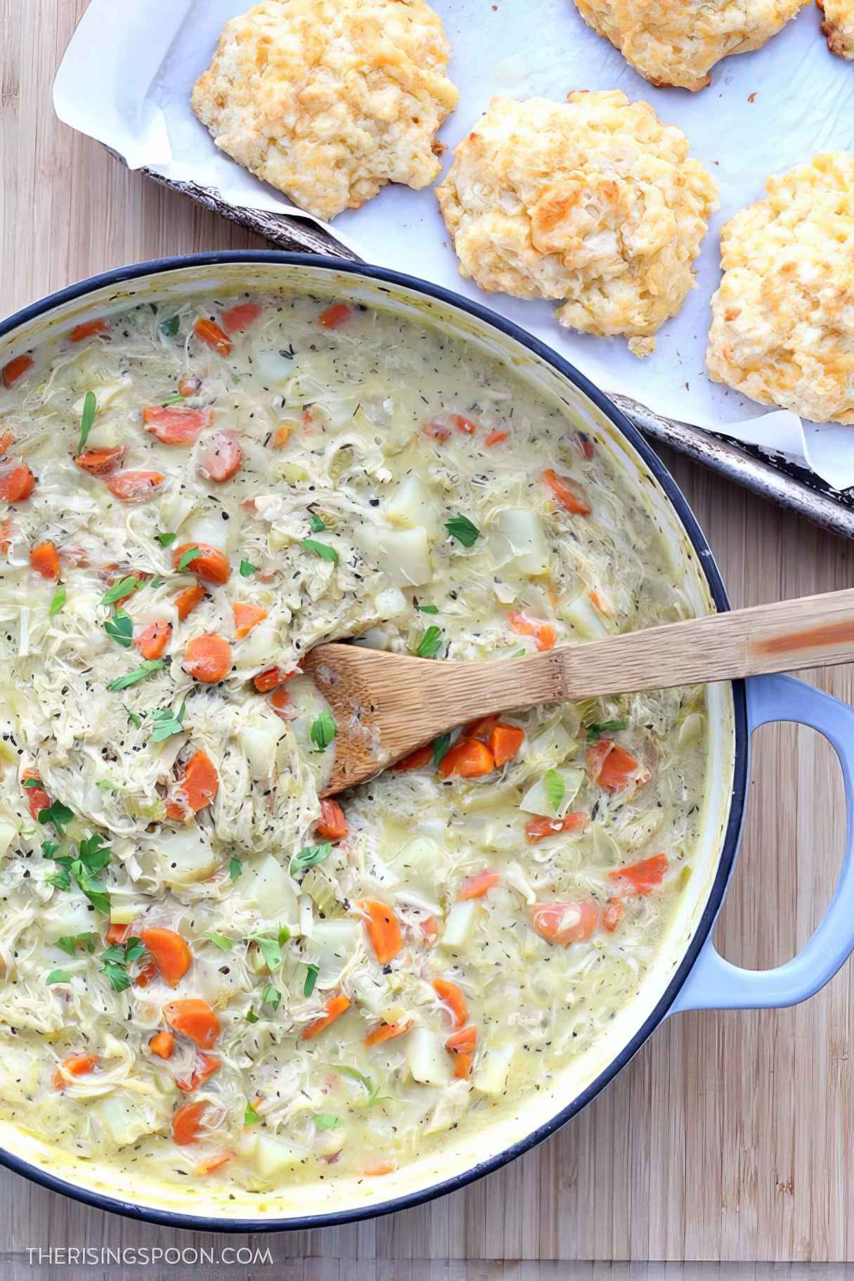 Skillet Chicken Pot Pie with Cheddar Garlic Drop Biscuits