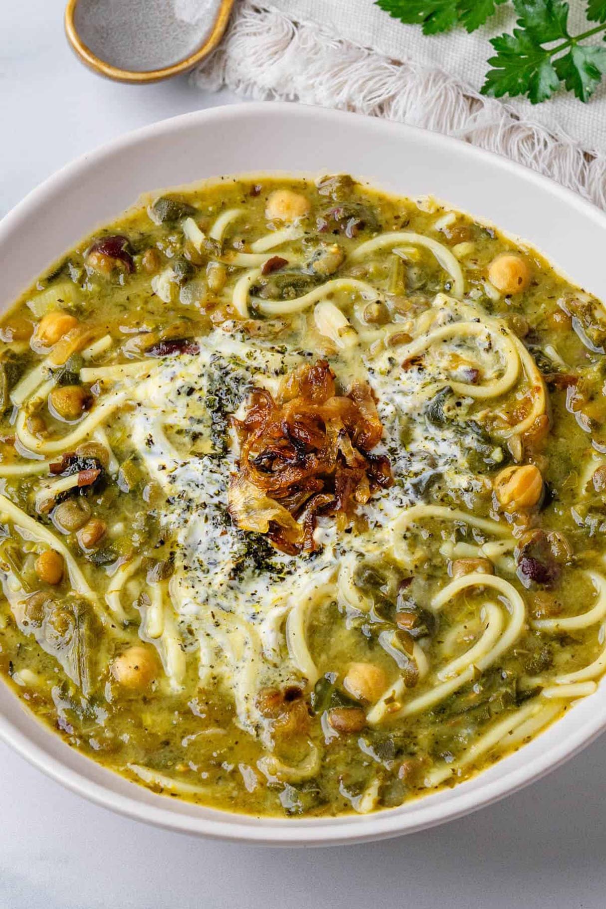 Ash Reshteh - One Pot Persian Noodle Soup with Fresh Herbs, Leafy Greens, and Legumes