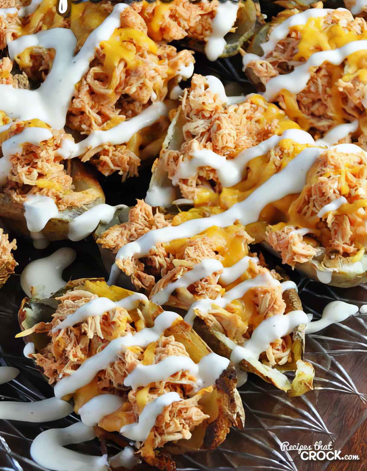 Crockpot Buffalo Chicken Potato Skins