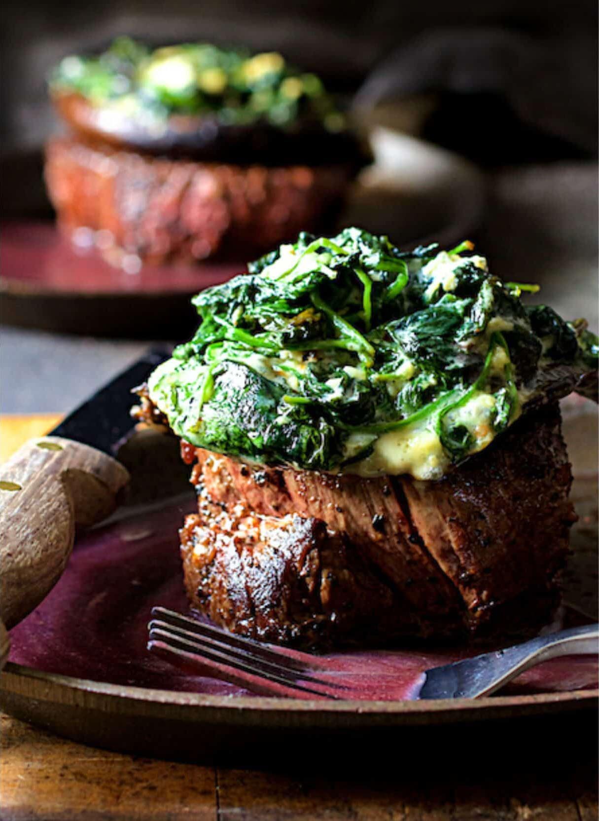 Beef Tenderloin Fillets with Spinach Cambozola Stuffed Portobello Mushrooms and Red Wine Sauce