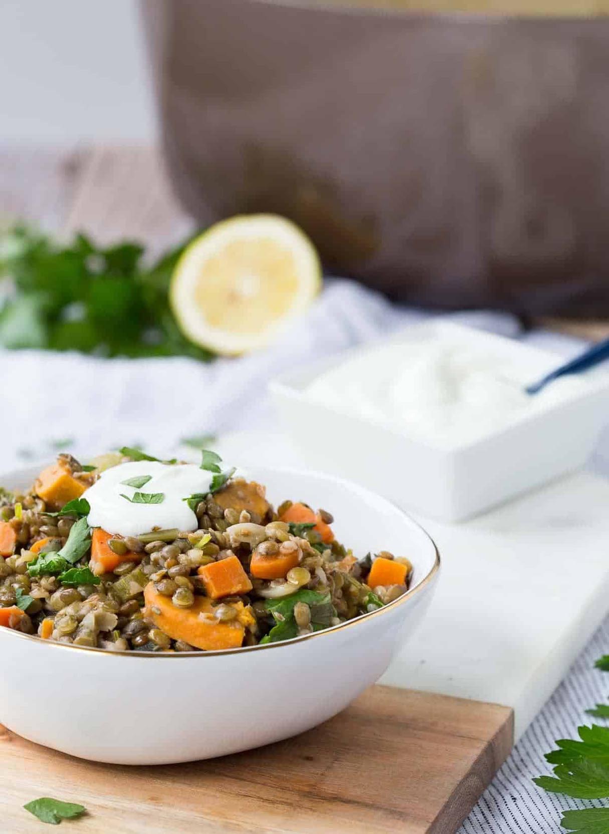 Green Lentils with Sweet Potato and Kale