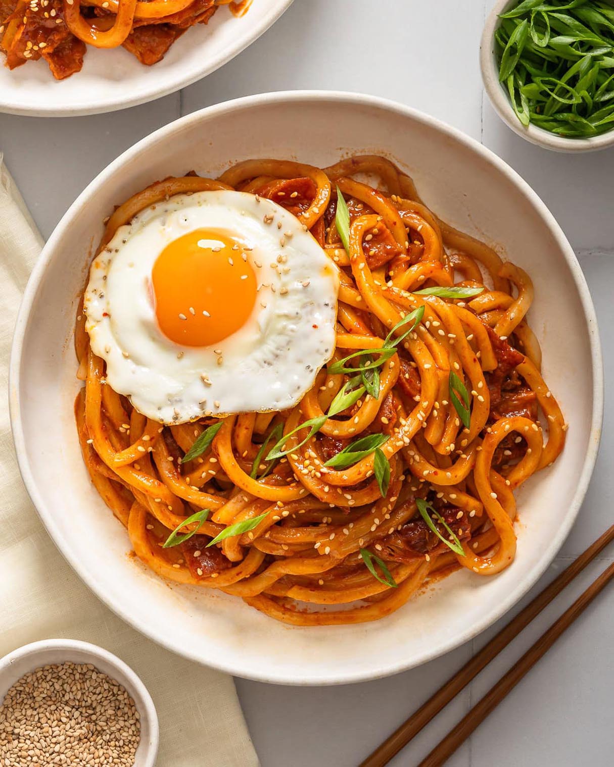 Asian Noodles with Creamy Kimchi Sauce and Fried Eggs