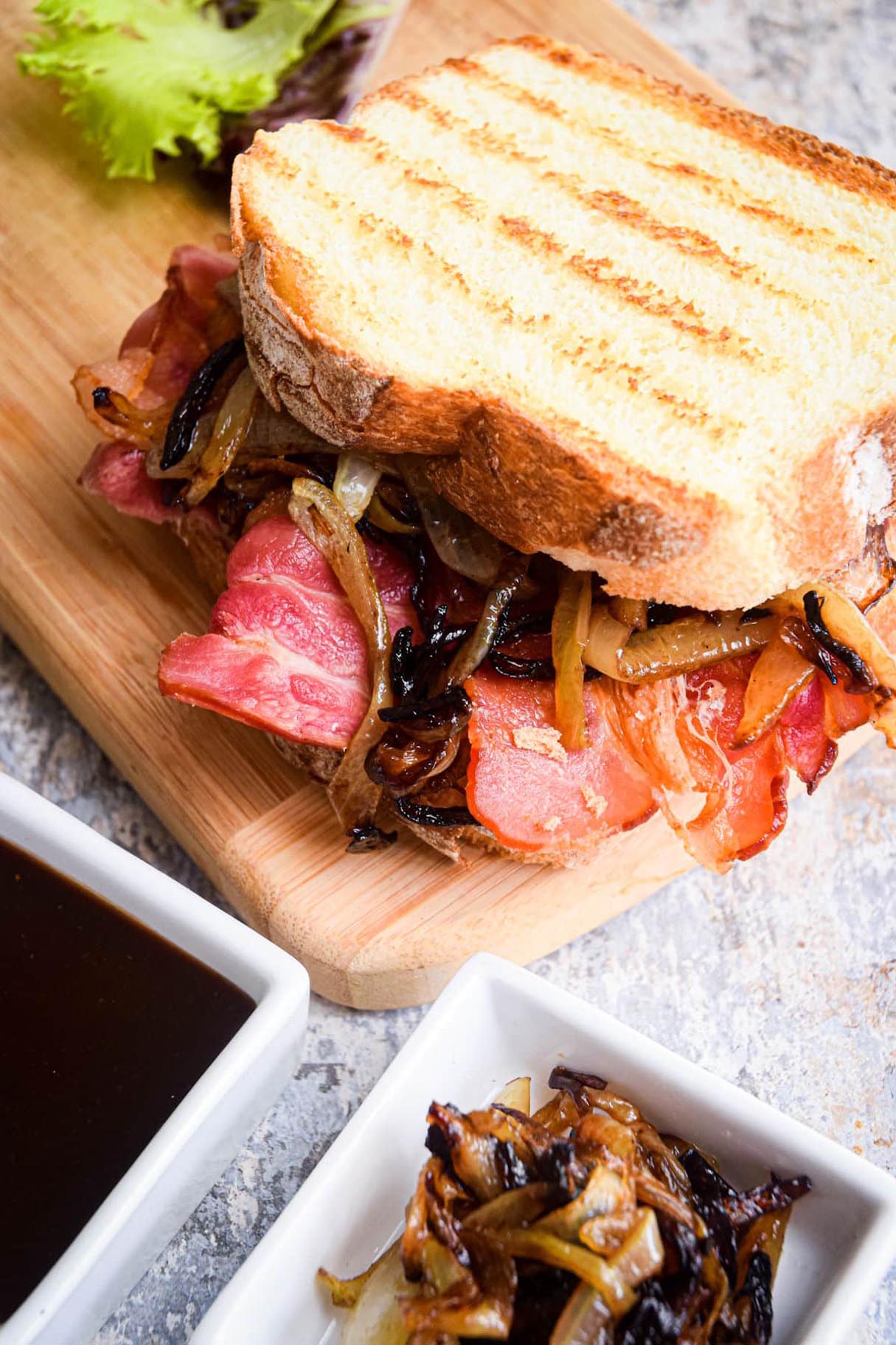 Bacon Butty Sandwich with Caramelized Onions