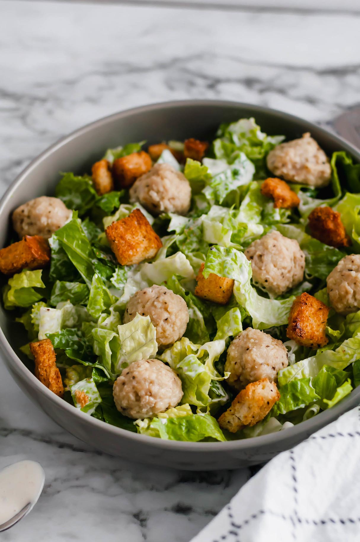 Caesar Salad with Mini Chicken Meatballs