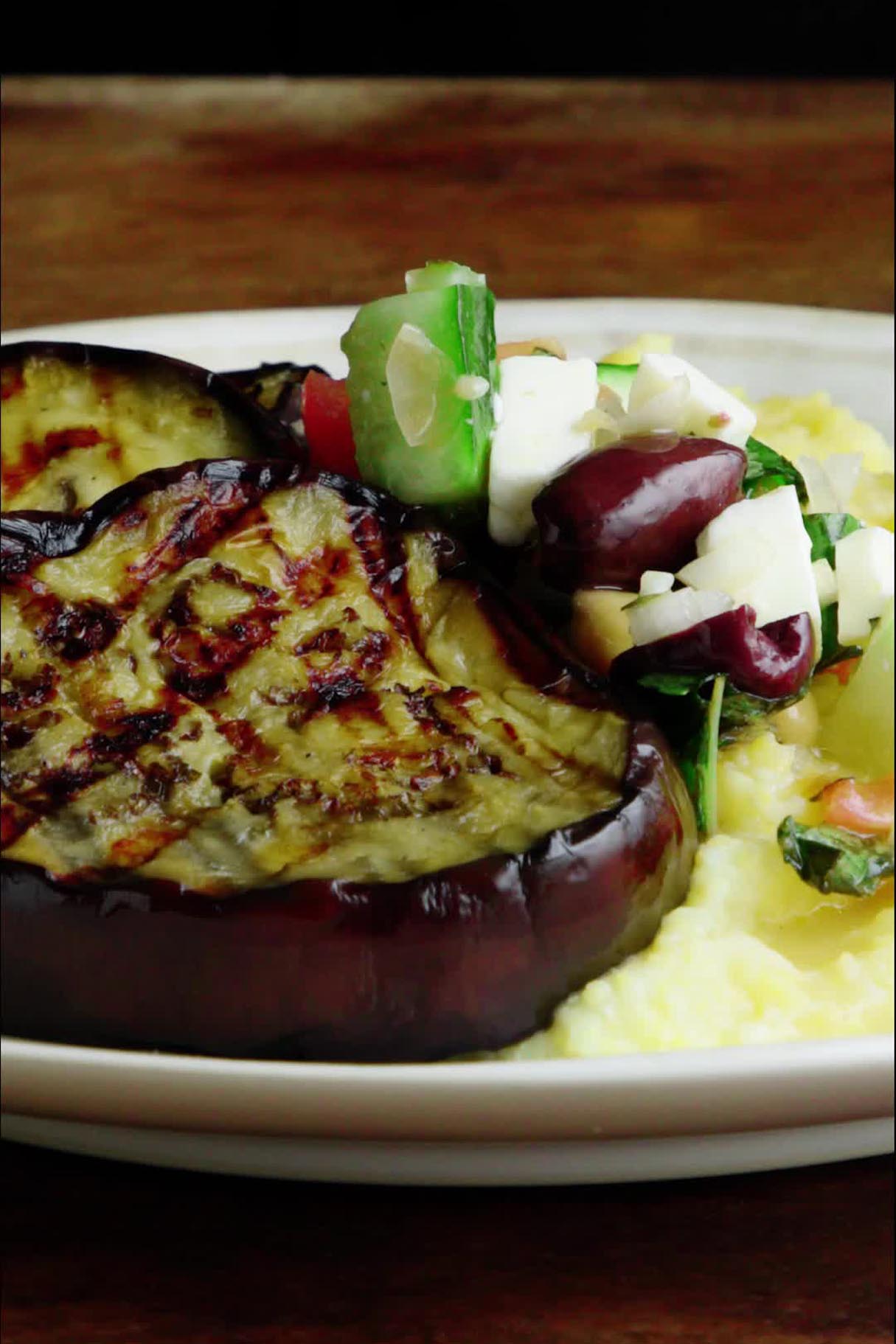 Tender Grilled Eggplant with Fresh Greek Relish
